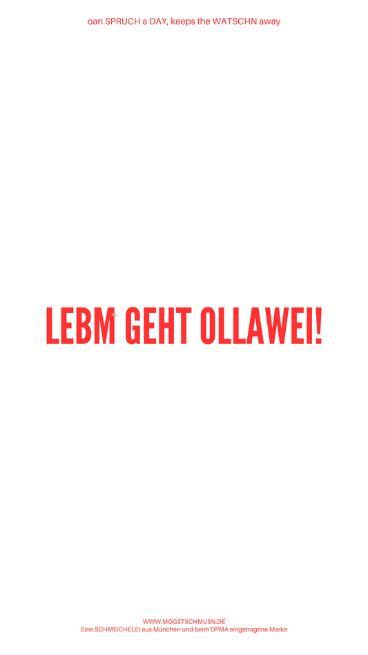 Weißes digitales Hintergrundbild mit dem bayerischen Spruch „LEBM GEHT OLLAWEI.“in roter Schrift, darunter Website und Markenschriftzug von mogstschmusn.de
