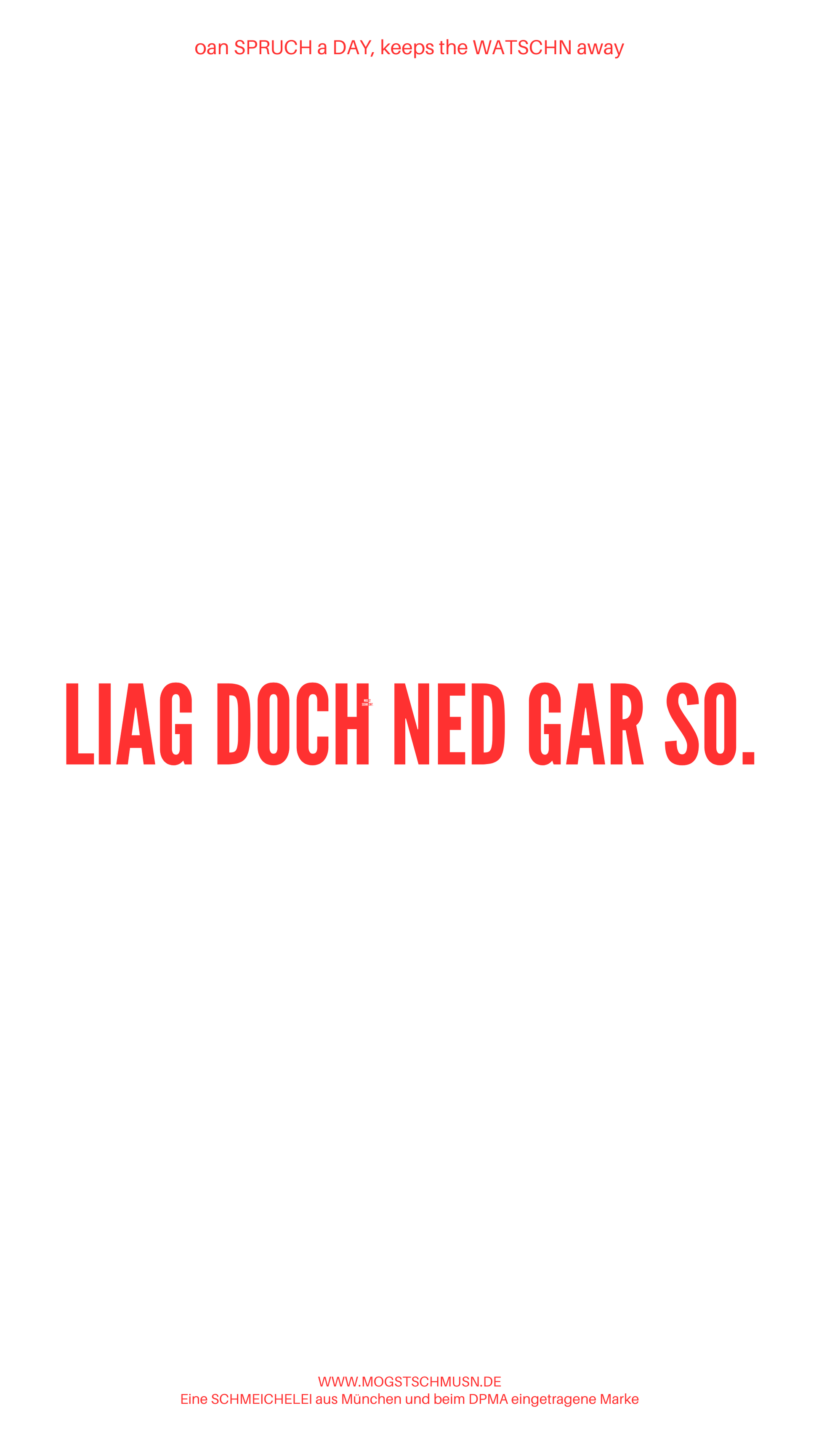 Weißes digitales Hintergrundbild mit dem bayerischen Spruch „LIAG DOCH NED GAR SO.“in roter Schrift, darunter Website und Markenschriftzug von mogstschmusn.de