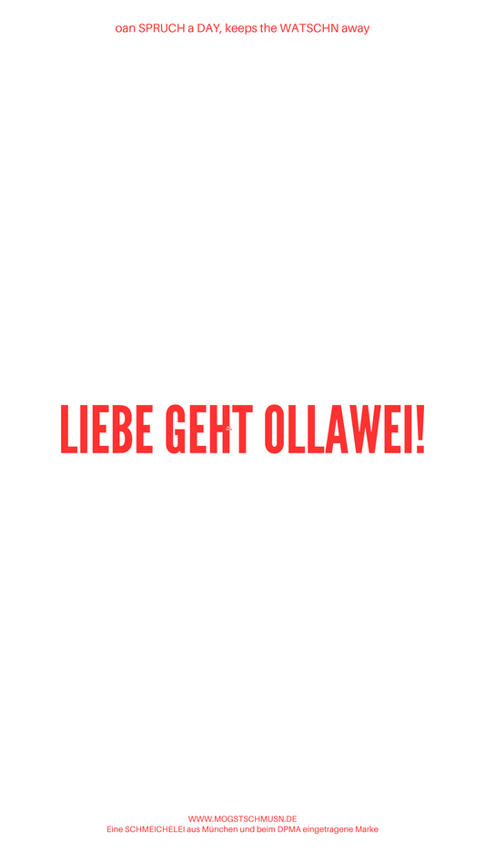 Weißes digitales Hintergrundbild mit dem bayerischen Spruch „LIEBE GEHT OLLAWEI!“in roter Schrift, darunter Website und Markenschriftzug von mogstschmusn.de