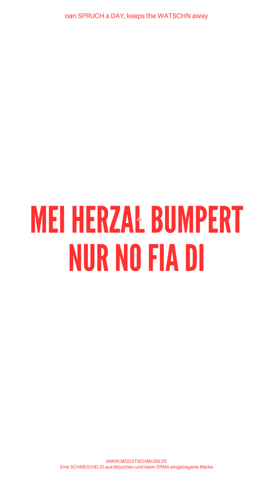 Weißes digitales Hintergrundbild mit dem bayerischen Spruch „MEI HERZAL BUMPERT NUR NO FIA DI“ in roter Schrift, darunter Website und Markenschriftzug von mogstschmusn.de