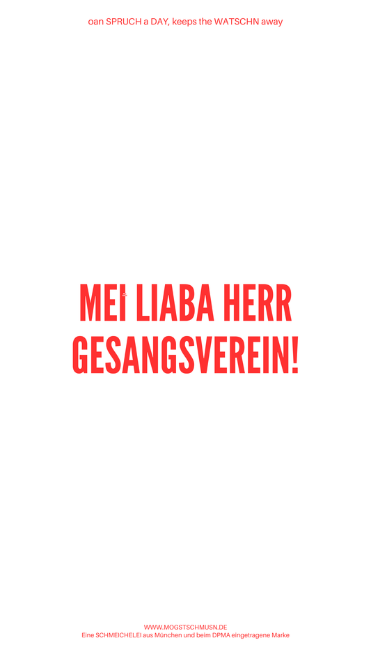 Weißes digitales Hintergrundbild mit dem bayerischen Spruch „MEI LIABA HERR GESANGSVEREIN!“in roter Schrift, darunter Website und Markenschriftzug von mogstschmusn.de