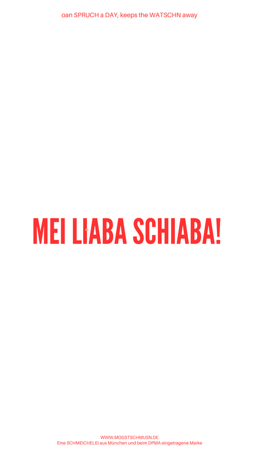 Weißes digitales Hintergrundbild mit dem bayerischen Spruch „MEI LIABA SCHIABA!“ in roter Schrift, darunter Website und Markenschriftzug von mogstschmusn.de