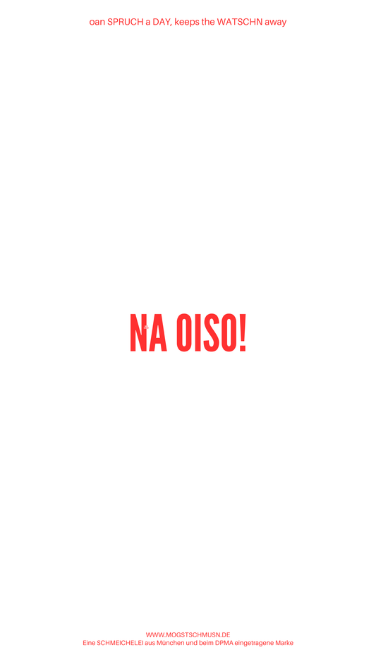 Weißes digitales Hintergrundbild mit dem bayerischen Spruch „NA OISO!“in roter Schrift, darunter Website und Markenschriftzug von mogstschmusn.de