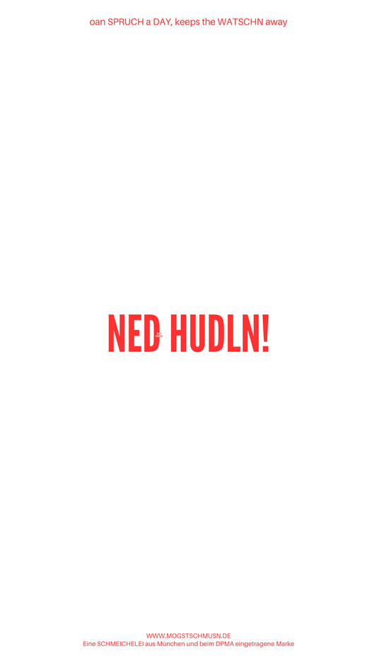 Weißes digitales Hintergrundbild mit dem bayerischen Spruch „NED HUDLN!“ in roter Schrift, darunter Website und Markenschriftzug von mogstschmusn.de