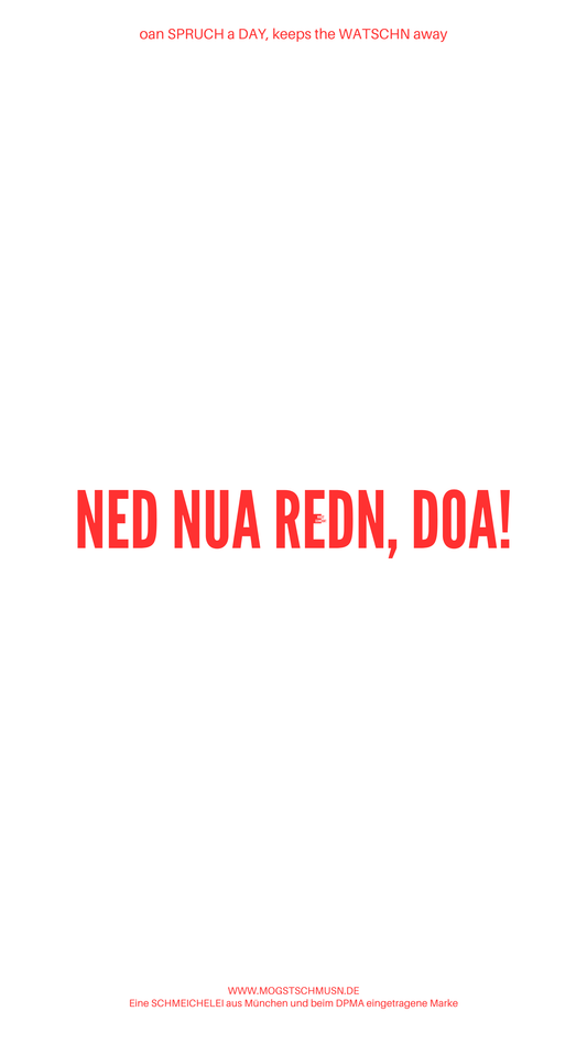 Weißes digitales Hintergrundbild mit dem bayerischen Spruch „NED NUA REDN, DOA!“ in roter Schrift, darunter Website und Markenschriftzug von mogstschmusn.de