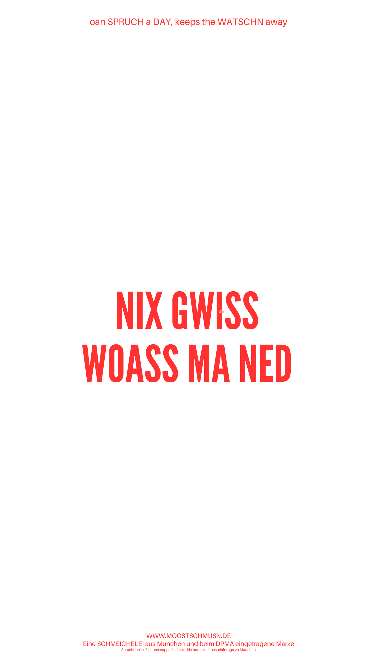 Weißes digitales Hintergrundbild mit dem bayerischen Spruch „NIX GWISS WOASS MA NED“ in roter Schrift, darunter Website und Markenschriftzug von mogstschmusn.de