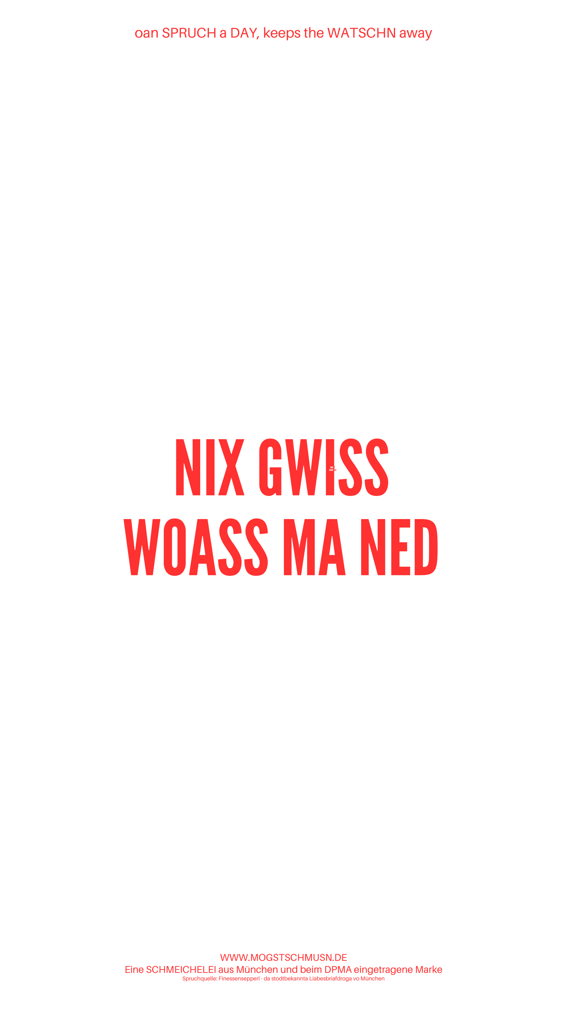 Weißes digitales Hintergrundbild mit dem bayerischen Spruch „NIX GWISS WOASS MA NED“ in roter Schrift, darunter Website und Markenschriftzug von mogstschmusn.de
