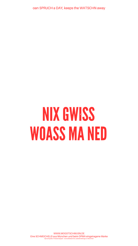 Weißes digitales Hintergrundbild mit dem bayerischen Spruch „NIX GWISS WOASS MA NED“ in roter Schrift, darunter Website und Markenschriftzug von mogstschmusn.de