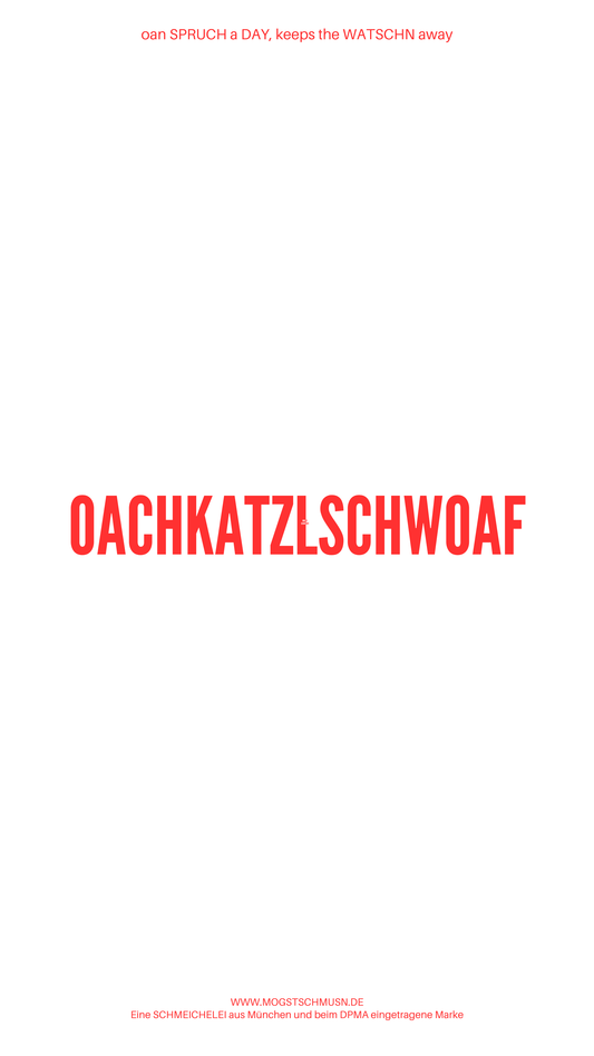 Weißes digitales Hintergrundbild mit dem bayerischen Spruch „OACHKATZLSCHWOAF“in roter Schrift, darunter Website und Markenschriftzug von mogstschmusn.de