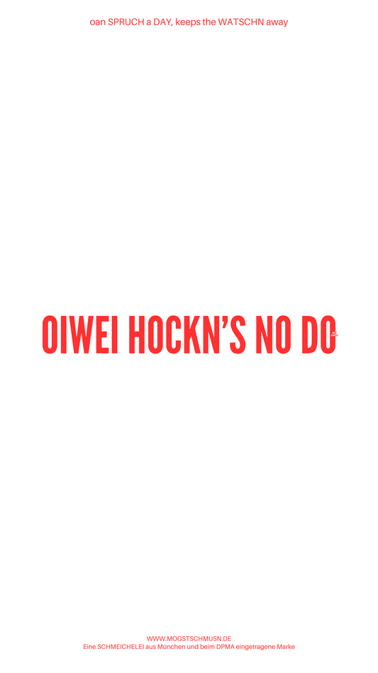 Weißes digitales Hintergrundbild mit dem bayerischen Spruch „OIWEI HOCKN’S NO DO“ in roter Schrift, darunter Website und Markenschriftzug von mogstschmusn.de