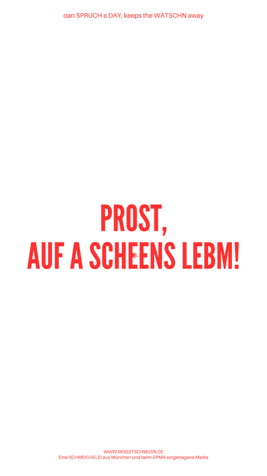 Weißes digitales Hintergrundbild mit dem bayerischen Spruch „PROST, AUF A SCHEENS LEBM“ in roter Schrift, darunter Website und Markenschriftzug von mogstschmusn.de