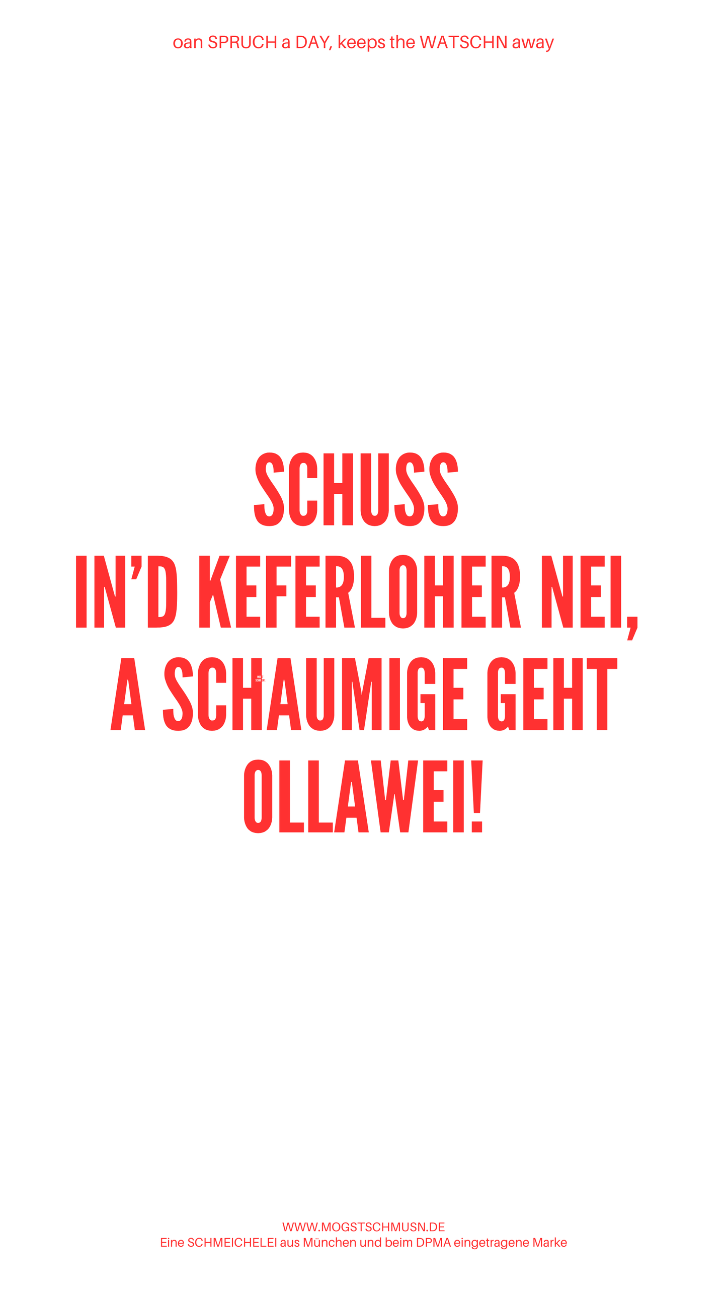 Weißes digitales Hintergrundbild mit dem bayerischen Spruch „SCHUSS IN'D KEFERLOHER NEI, A SCHAUMIGE GEHT OLLAWEI!“in roter Schrift, darunter Website und Markenschriftzug von mogstschmusn.de