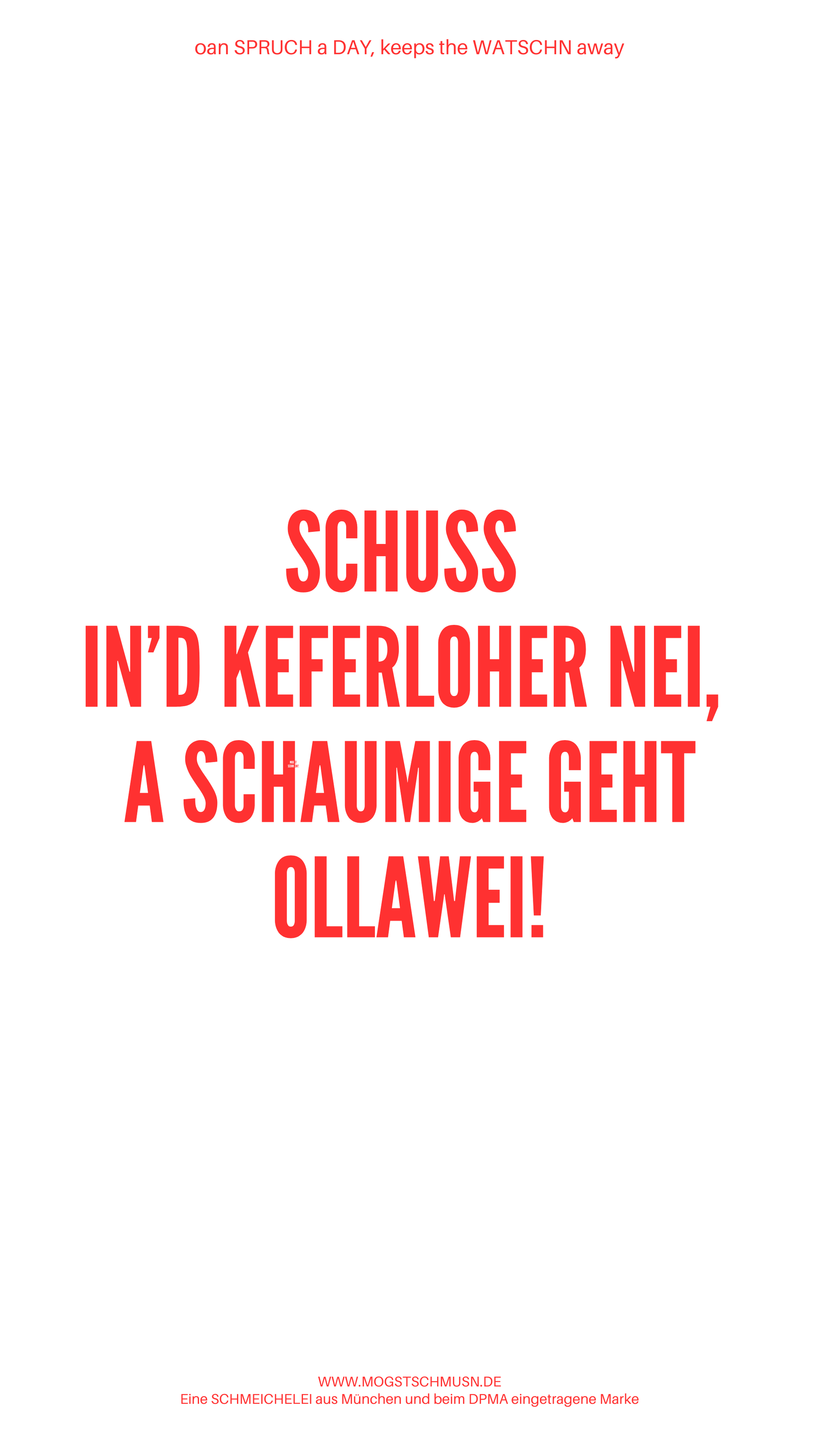 Weißes digitales Hintergrundbild mit dem bayerischen Spruch „SCHUSS IN'D KEFERLOHER NEI, A SCHAUMIGE GEHT OLLAWEI!“in roter Schrift, darunter Website und Markenschriftzug von mogstschmusn.de