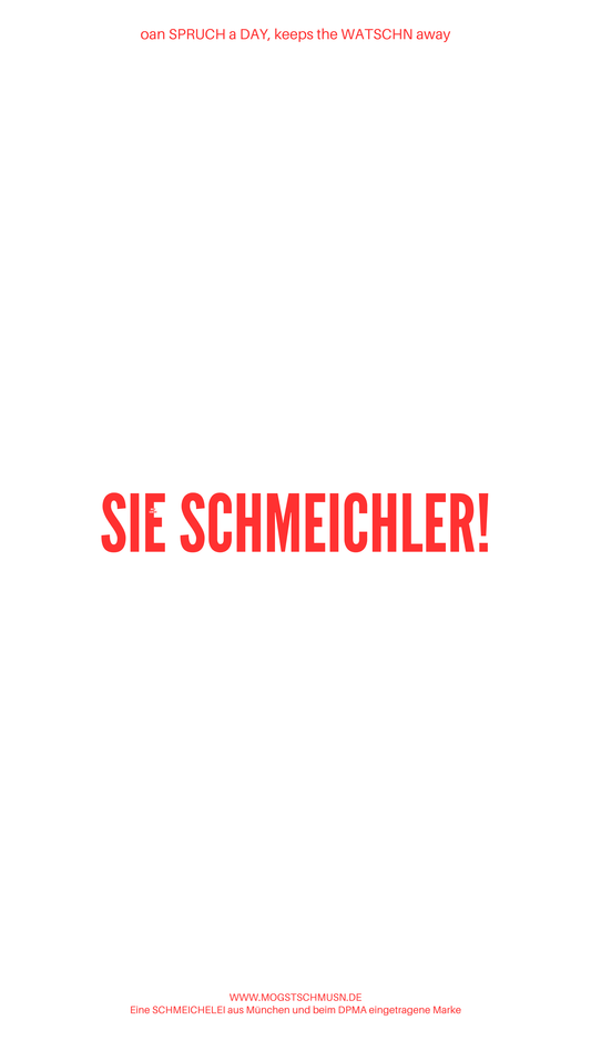 Weißes digitales Hintergrundbild mit dem bayerischen Spruch „SIE SCHMECHLER!“in roter Schrift, darunter Website und Markenschriftzug von mogstschmusn.de