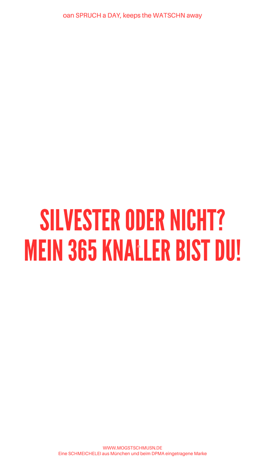 Weißes digitales Hintergrundbild mit dem bayerischen Spruch „SYLVESTER ODER NICHT? MEIN 365 KNALLER BIST DU!“ in roter Schrift, darunter Website und Markenschriftzug von mogstschmusn.de