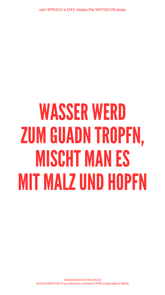 Weißes digitales Hintergrundbild mit dem bayerischen Spruch „WASSER WERD ZUM GUADN TROPFN, MISCHT MAN ES MIT MALZ UND HOPFEN“ in roter Schrift, darunter Website und Markenschriftzug von mogstschmusn.de