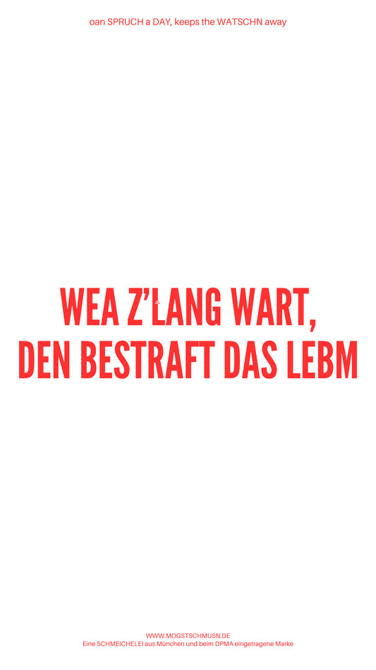 Weißes digitales Hintergrundbild mit dem bayerischen Spruch „WEA Z’LANG WART, DEN BESTRAFT DAS LEBM“in roter Schrift, darunter Website und Markenschriftzug von mogstschmusn.de