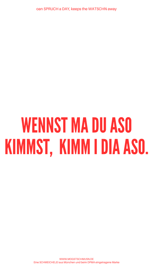 Weißes digitales Hintergrundbild mit dem bayerischen Spruch „WENNST MA DU ASO KIMMST, KIMM I DIA ASO.“in roter Schrift, darunter Website und Markenschriftzug von mogstschmusn.de