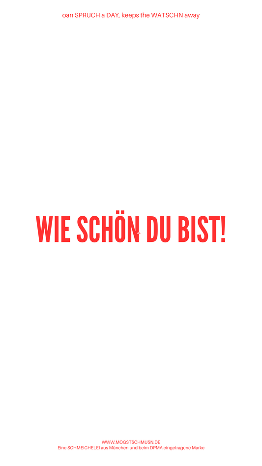 Weißes digitales Hintergrundbild mit dem bayerischen Spruch „WIE SCHÖN DU BIST!“ in roter Schrift, darunter Website und Markenschriftzug von mogstschmusn.de