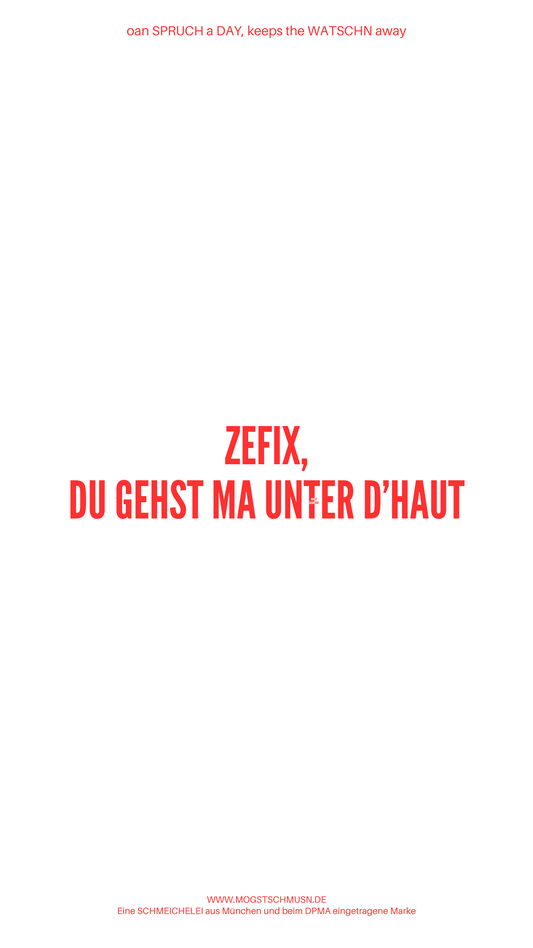 Weißes digitales Hintergrundbild mit dem bayerischen Spruch „ZEFIX, DU GEHST MA UNTER D'HAUT“ in roter Schrift, darunter Website und Markenschriftzug von mogstschmusn.de