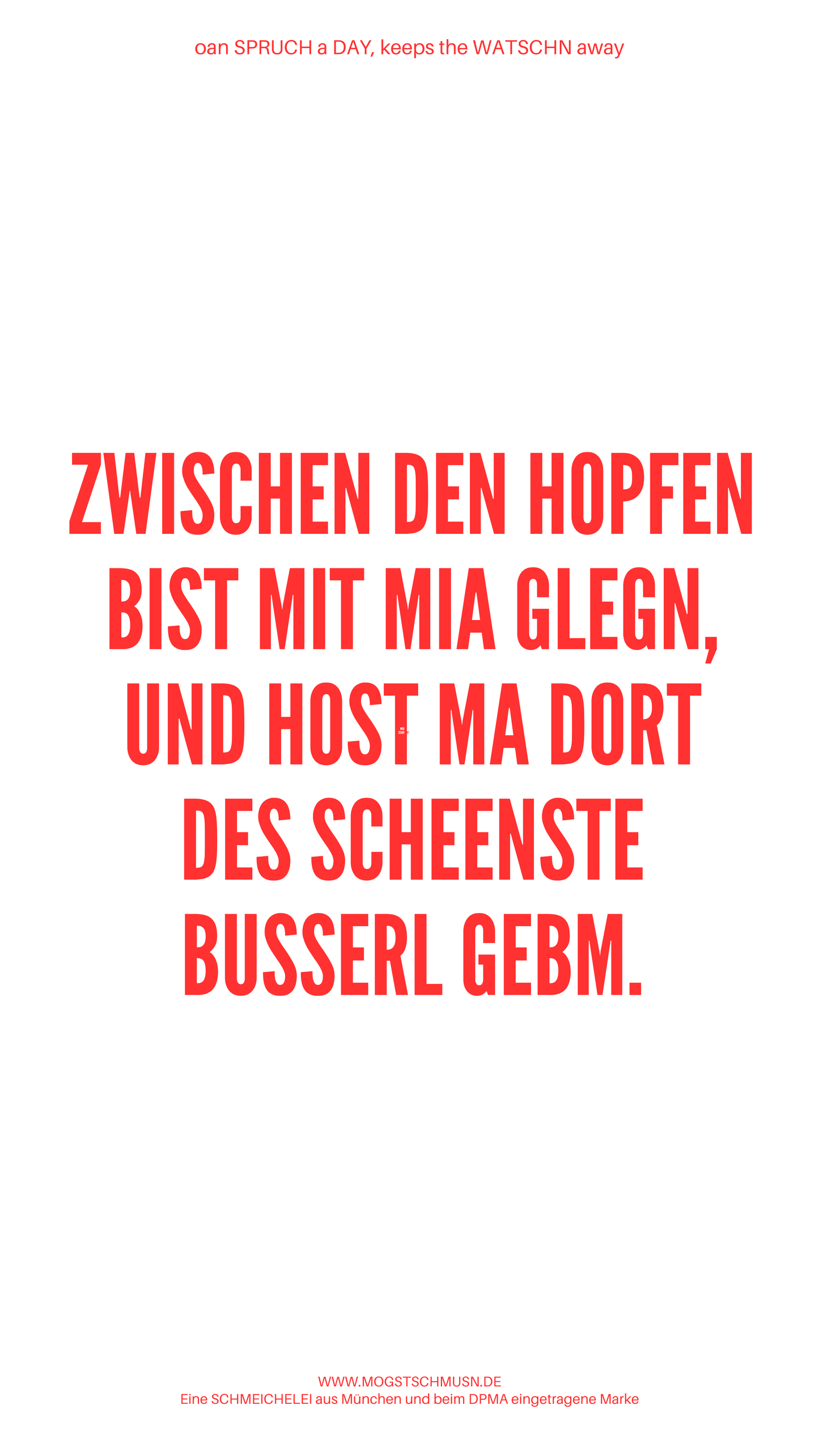 Weißes digitales Hintergrundbild mit dem bayerischen Spruch „ZWISCHEN DEN HOPFEN BIST MIT MIA GLEGN, UND HOST MA DORT DES SCHEENSTE BUSSERL GEBM.“in roter Schrift, darunter Website und Markenschriftzug von mogstschmusn.de