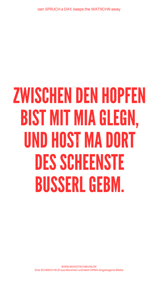 Weißes digitales Hintergrundbild mit dem bayerischen Spruch „ZWISCHEN DEN HOPFEN BIST MIT MIA GLEGN, UND HOST MA DORT DES SCHEENSTE BUSSERL GEBM.“in roter Schrift, darunter Website und Markenschriftzug von mogstschmusn.de