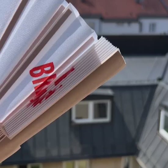Video mit weißem Fächer mit rotem Aufdruck vor einem geöffneten Fenster im Sonnenlicht.